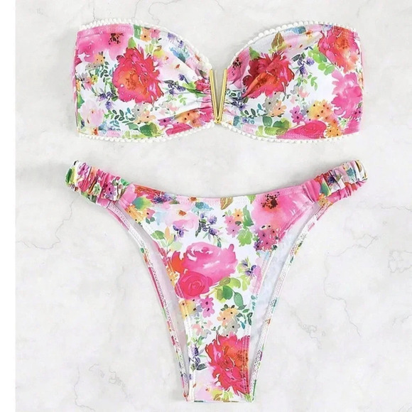 2 piece Floral Print Bandeau Bikini Swimsuit multicoor - Picture 3 of 8